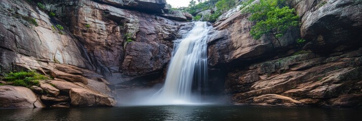Long exposure photography of a waterfall flowing into a calm pond, surrounded by a steep canyon with rocky walls and lush vegetation, creating a serene natural landscape
