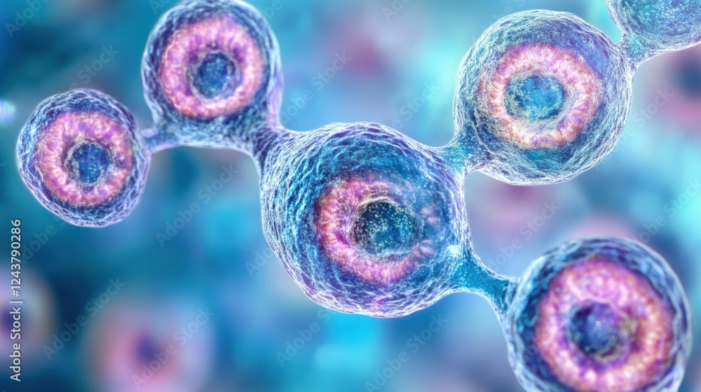 Poster abstract concept of micro cells with vibrant colors and intricate details, representing biological s