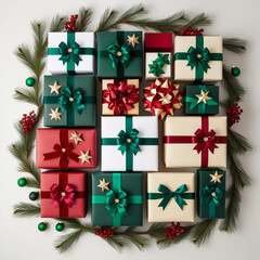 Christmas gift box with white ribbon on Christmas wreath, fir branches, Christmas balls
