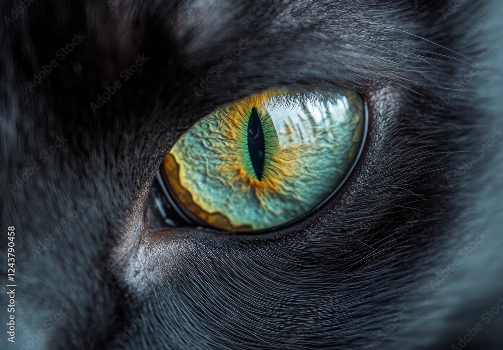Poster close-up of a striking cat eye with mesmerizing colors and textures, highlighting the intricate patt