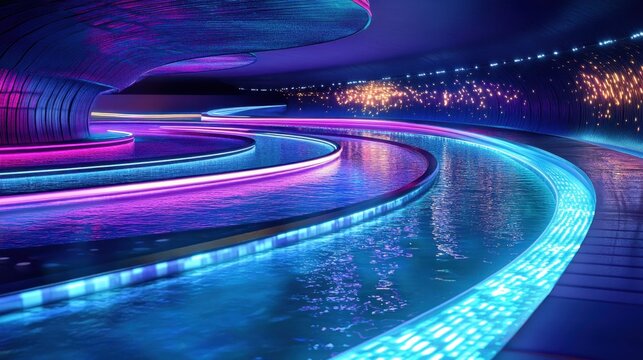 Dynamic neon light trails weaving through transparent liquid, glowing reflections, futuristic and high-energy composition, ultra-detailed