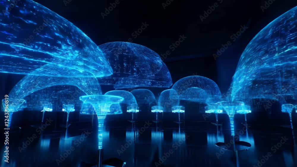 Poster blue lighted room with many blue objects. the room is lit up with blue lights and the objects are il