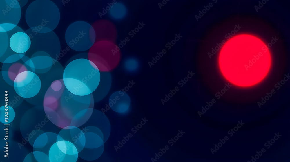 Poster colorful abstract background with blurred bokeh lights and a bright red circle element for creative 