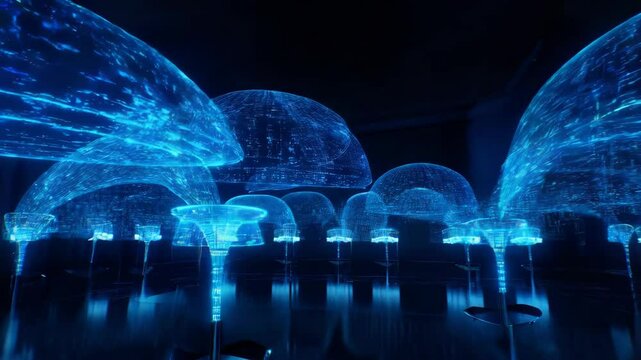 Blue lighted room with many blue objects. The room is lit up with blue lights and the objects are illuminated