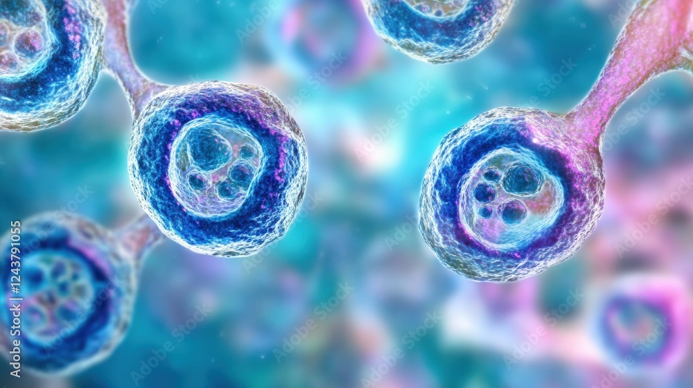 Poster abstract concept of micro cells representing advanced biological structures in vibrant colors and te