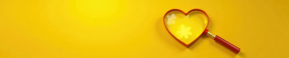 A heart-shaped magnifying glass on yellow background casting a bright and clear light effect, beam, clarity