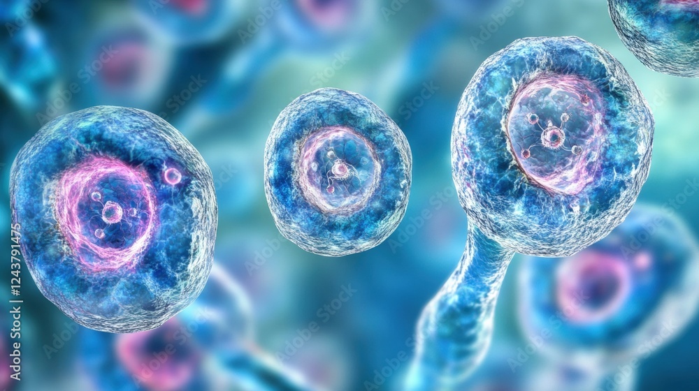 Poster abstract concept of micro cells with detailed structures representing biological processes in a flui