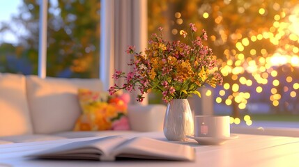 Cozy Interior with Flowers, Book, and Warm Sunset Light Effect