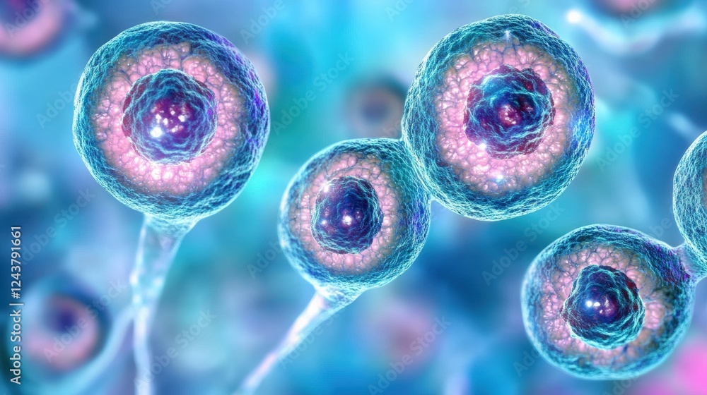 Poster abstract concept of micro cells in a colorful biological environment, showcasing cellular structures