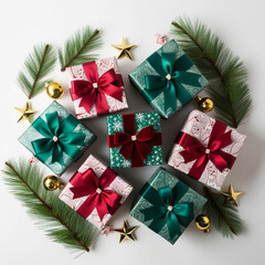 Christmas gift box with white ribbon on Christmas wreath, fir branches, Christmas balls