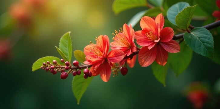 a single branch on a flowering tree bears an abundance of jambo flowers, foliage, botanical