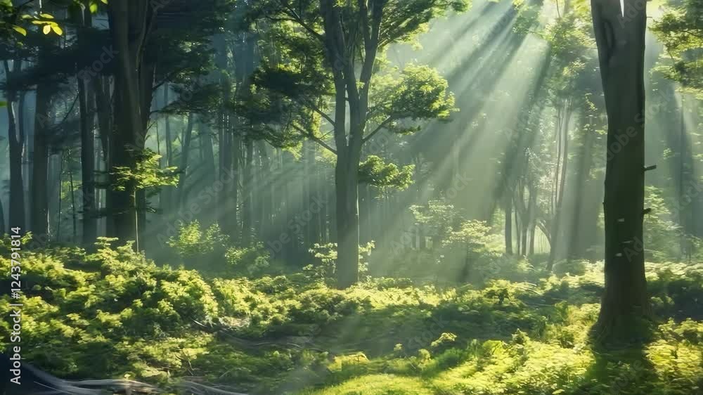 Poster sunlit forest with tree shadows dancing as light streams through lush greenery
