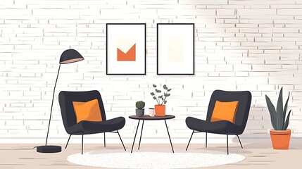 Fototapeta premium Modern minimalist living room with two armchairs and plants