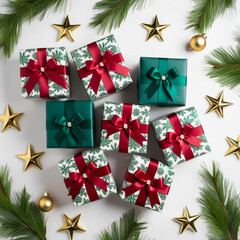 Christmas gift box with white ribbon on Christmas wreath, fir branches, Christmas balls