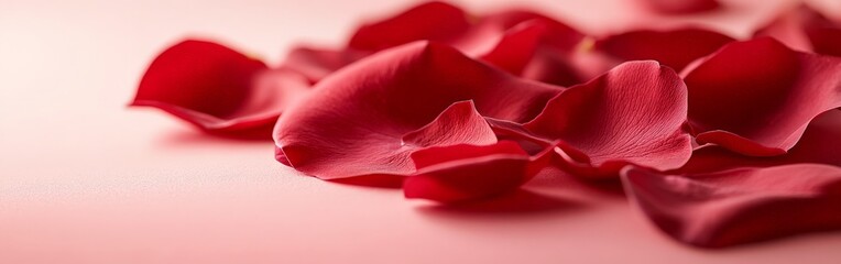 A delicate arrangement of red rose petals scattered over a soft pink background. Ideal for love, romance, weddings, and Valentine's Day.