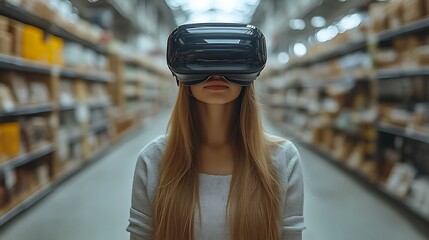 Woman using VR headset in supermarket aisle.