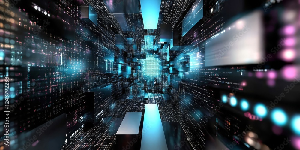 Poster an engaging digital backdrop features tech processes, neural networks, ai, efficient data transfer, 