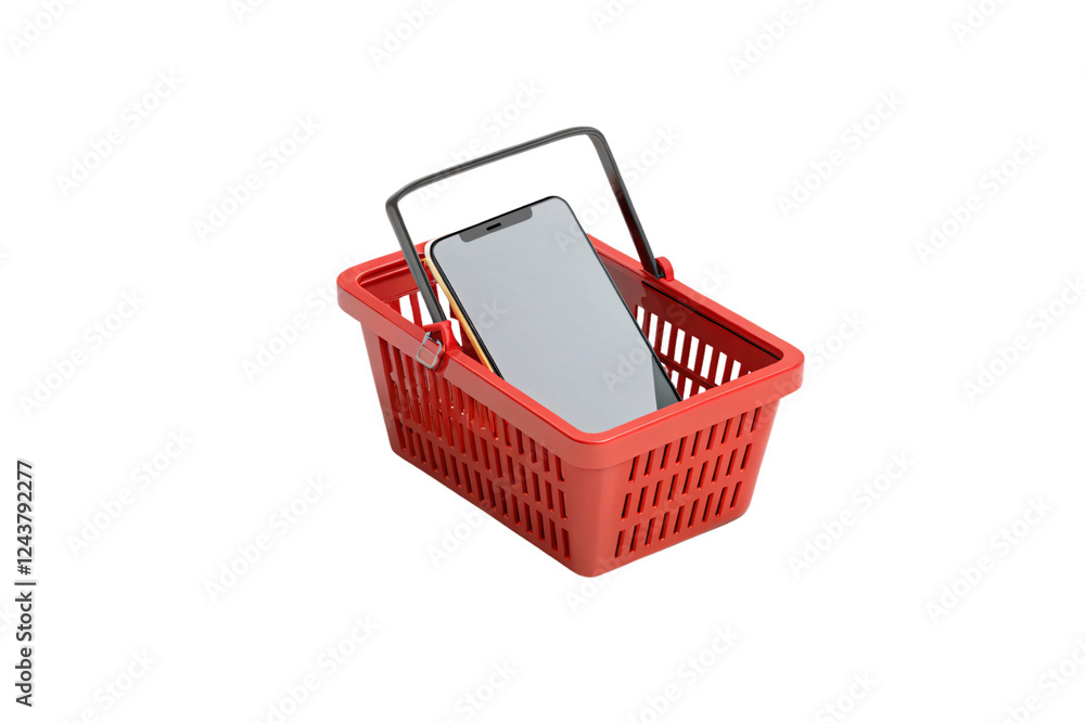 Poster a red shopping basket with a minimalist smartphone hints at efficiency in mobile commerce and user-f