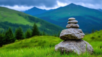 Serene Stacked Stones in Mountain Landscape