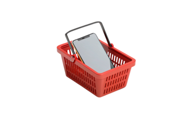 A red shopping basket with a minimalist smartphone hints at efficiency in mobile commerce and user-friendly transactions