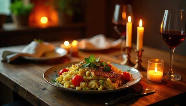 Comida para presentar en una mesa con velas y candelabros, vajillas, decoraci?n
