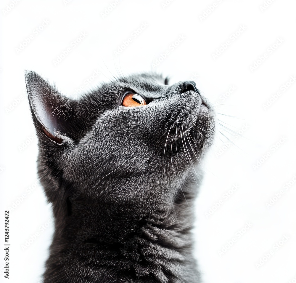 Poster Close-Up Perspective of a Curious Gray Cat Gazing Upward Against a Bright Background Capturing Its Intriguing Features and Expressions