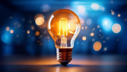 a close up of a glowing light bulb illuminating with a warm orange hue against a blurred blue background symbolizing innovation and creativity
