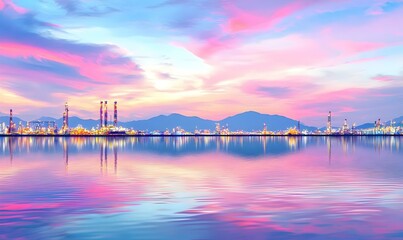 Fototapeta premium Breathtaking Sunset Reflection Over Urban Industrial Skyline
