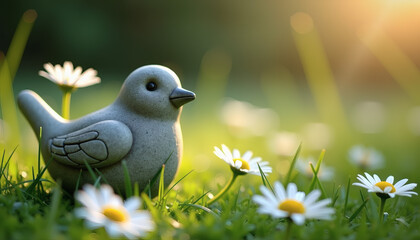 Fototapeta premium Decorative stone bird figurine surrounded by daisies in a sunlit garden