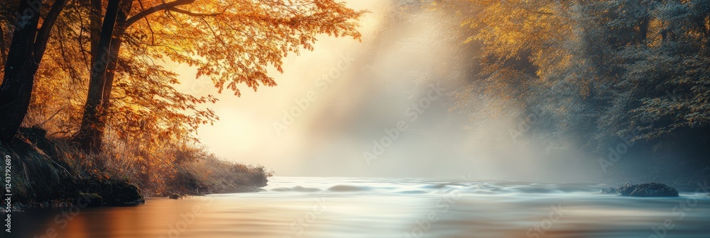 Poster golden autumn foliage frames a foggy river at sunrise, creating a serene and magical atmosphere with