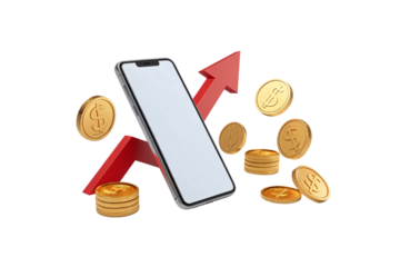 A smartphone amidst soaring golden coins and a red arrow, symbolizing increasing profits and advancements in financial technology