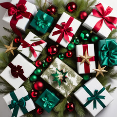Christmas gift box with white ribbon on Christmas wreath, fir branches, Christmas balls