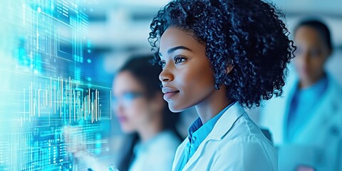 Scientist conducting research in a modern laboratory setting with colleagues during daytime