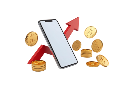 A smartphone amidst soaring golden coins and a red arrow, symbolizing increasing profits and advancements in financial technology - Powered by Adobe