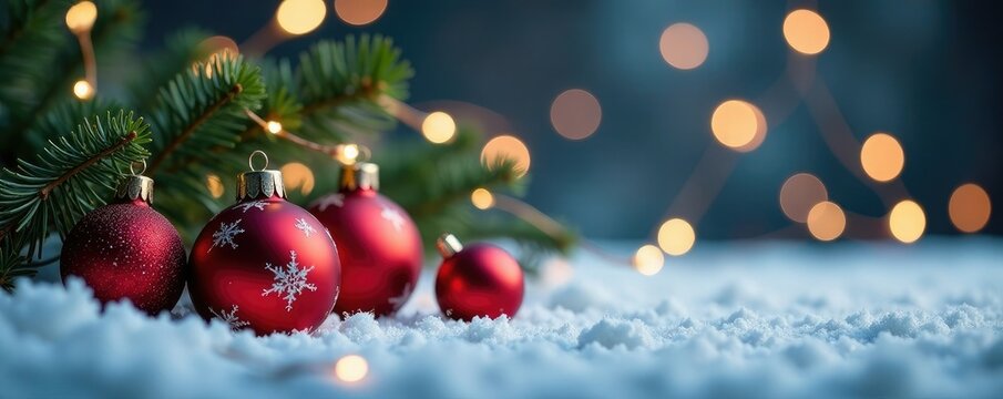 Fiocchi di neve bianche cadono intorno a Babbo Natale, ornaments, lights, holiday