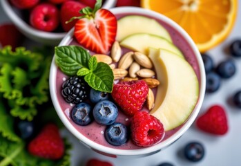 A vibrant acai bowl overflowing with fresh berries nuts and seeds This healthy breakfast or snack is a perfect blend of flavors and nutrients.