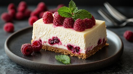 piece of cheesecake with raspberries and mint isolated on transparent background