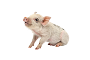 A tiny piglet sits adorably, its pink snout tilted upward, showcasing fluffy white fur with black spots, exuding innocent curiosity