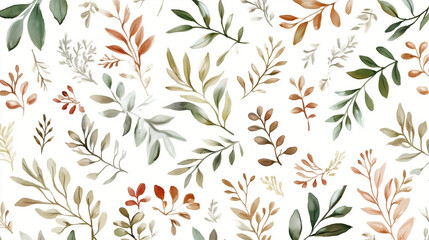 Fototapeta premium Watercolor Leaf Pattern Green Brown Orange Leaves on White Backg