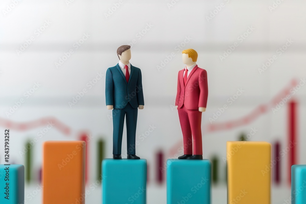 Poster two miniature figures in business attire stand on colorful bar graphs, symbolizing competition and a