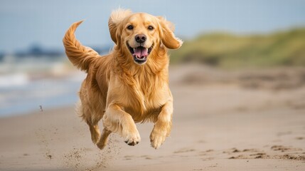 Happy golden retriever dog running joyfully on sandy beach under clear sky with ocean waves in the background