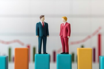 Two miniature figures in business attire stand on colorful bar graphs, symbolizing competition and analysis in a financial context.