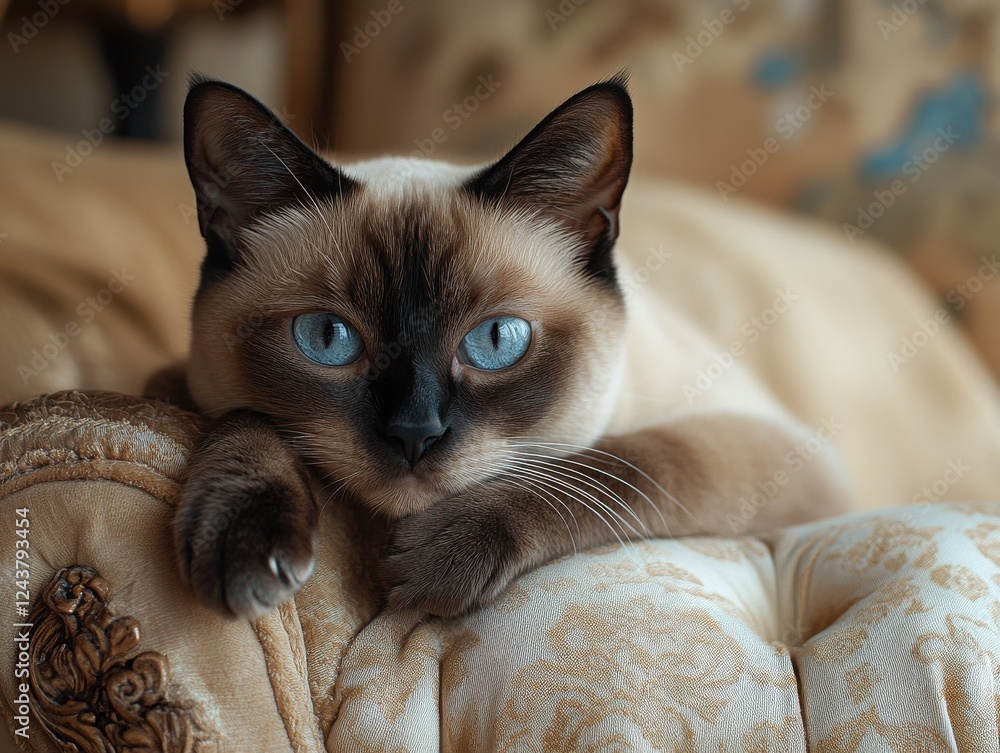 Poster Close-Up Portrait of a Beautiful Siamese Cat Relaxing on an Elegant Couch with Intricate Fabric Patterns and Soft Lighting