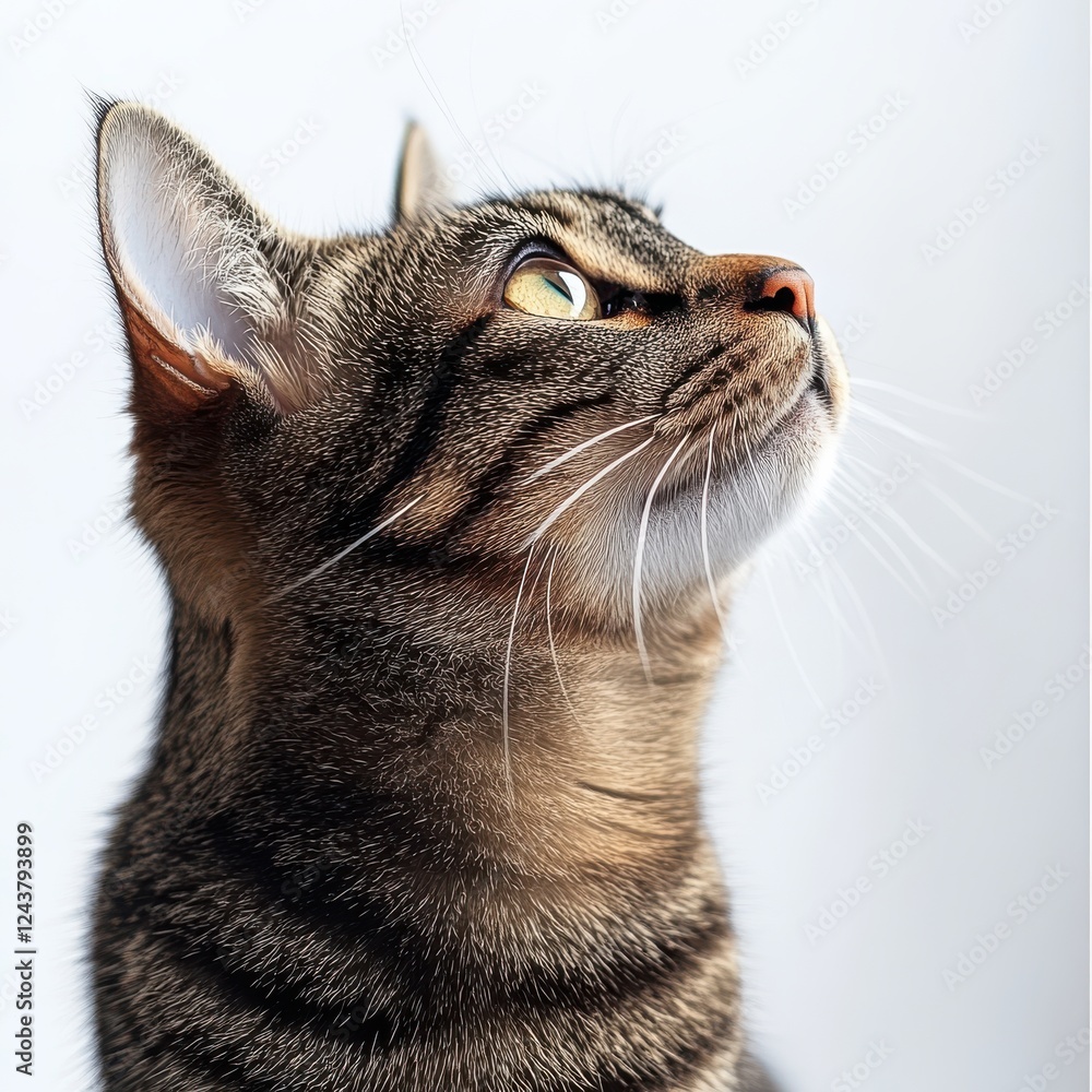 Poster close-up portrait of a curious domestic cat gazing upward with intriguing expressions and soft focus