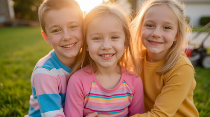 Three Happy Children Smiling Together in a Lush Green Park During Sunset, Capturing Joy and Unity in Outdoor Playtime Fun