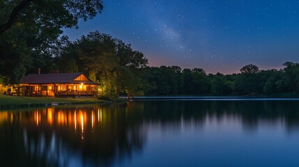 Obraz premium Lakeside cabin nighttime tranquility, stars, reflection, forest