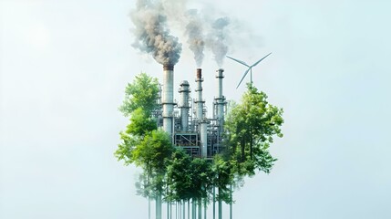 Industrial Factory Surrounded by Greenery and Wind Turbine