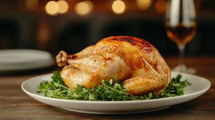 Roasted Chicken with Golden Brown Crispy Skin on Plate with Herbs