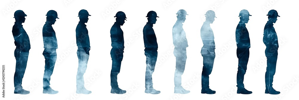Poster silhouettes of people standing in a line, showcasing varying postures and shades, creating a visual 