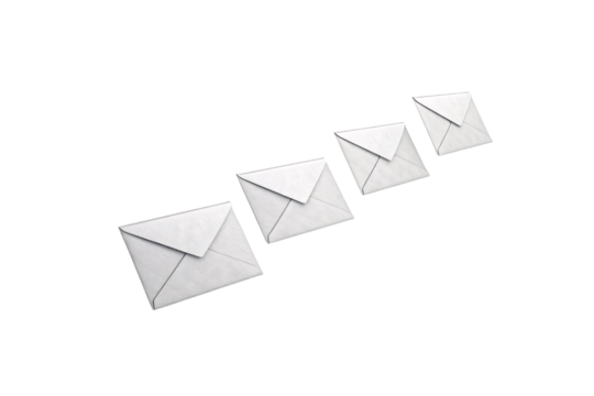 Four pristine white envelopes, neatly aligned, representing correspondence, communication, and traditional methods of exchanging messages